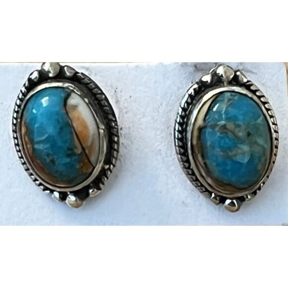 Sterling Silver and Spiny Turqoise Small Oval Pierced Earrings Studs Native Amer - Picture 1 of 5
